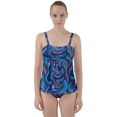 Blue Swirl Pattern Twist Front Tankini Set by designsbymallika