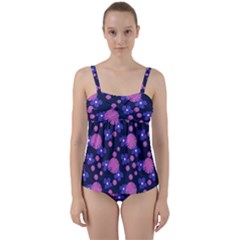 Pink And Blue Flowers Twist Front Tankini Set by bloomingvinedesign