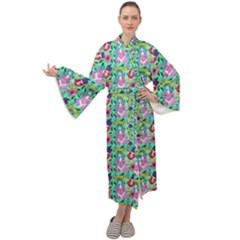 Blue Haired Girl Pattern Green Maxi Velour Kimono by snowwhitegirl