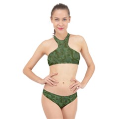 Green Army Camouflage Pattern High Neck Bikini Set by SpinnyChairDesigns