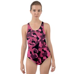 Black And Pink Camouflage Pattern Cut-out Back One Piece Swimsuit by SpinnyChairDesigns