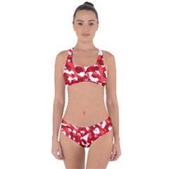Red And White Camouflage Pattern Criss Cross Bikini Set by SpinnyChairDesigns