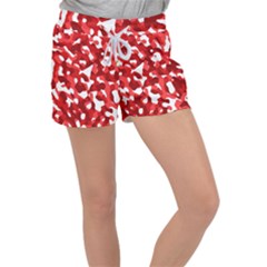 Red And White Camouflage Pattern Velour Lounge Shorts by SpinnyChairDesigns