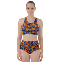 Blue And Orange Camouflage Pattern Racer Back Bikini Set by SpinnyChairDesigns
