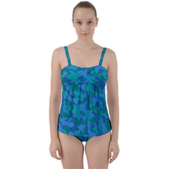Blue Turquoise Teal Camouflage Pattern Twist Front Tankini Set