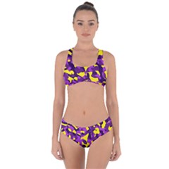 Purple And Yellow Camouflage Pattern Criss Cross Bikini Set by SpinnyChairDesigns