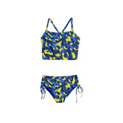 Blue And Yellow Camouflage Pattern Girls  Tankini Swimsuit by SpinnyChairDesigns
