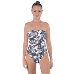 Grey And White Camouflage Pattern Tie Back One Piece Swimsuit by SpinnyChairDesigns