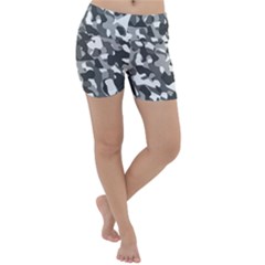 Grey And White Camouflage Pattern Lightweight Velour Yoga Shorts by SpinnyChairDesigns