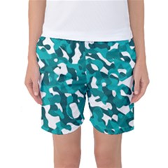 Teal And White Camouflage Pattern Women s Basketball Shorts by SpinnyChairDesigns