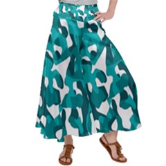 Teal And White Camouflage Pattern Satin Palazzo Pants by SpinnyChairDesigns