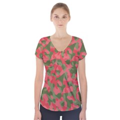 Pink And Green Camouflage Pattern Short Sleeve Front Detail Top by SpinnyChairDesigns