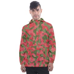 Pink And Green Camouflage Pattern Men s Front Pocket Pullover Windbreaker by SpinnyChairDesigns