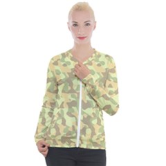 Light Green Brown Yellow Camouflage Pattern Casual Zip Up Jacket by SpinnyChairDesigns