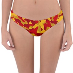 Red And Yellow Camouflage Pattern Reversible Hipster Bikini Bottoms by SpinnyChairDesigns