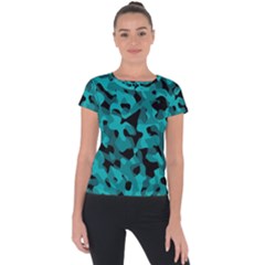 Black And Teal Camouflage Pattern Short Sleeve Sports Top 