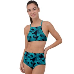 Black And Teal Camouflage Pattern High Waist Tankini Set by SpinnyChairDesigns