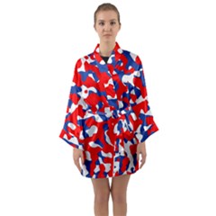 Red White Blue Camouflage Pattern Long Sleeve Satin Kimono by SpinnyChairDesigns