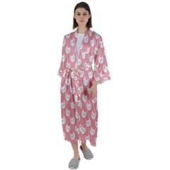 Cute Cat Faces White And Pink Maxi Satin Kimono by SpinnyChairDesigns