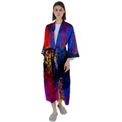 Colorful Paint Splatter Texture Red Black Yellow Blue Maxi Satin Kimono by SpinnyChairDesigns