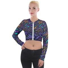 Multicolored Abstract Art Pattern Long Sleeve Cropped Velvet Jacket by SpinnyChairDesigns