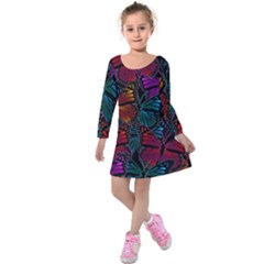 Colorful Monarch Butterfly Pattern Kids  Long Sleeve Velvet Dress by SpinnyChairDesigns