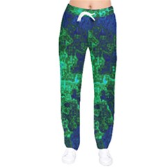 Abstract Green And Blue Techno Pattern Women Velvet Drawstring Pants by SpinnyChairDesigns
