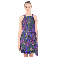 Purple Abstract Butterfly Pattern Halter Collar Waist Tie Chiffon Dress by SpinnyChairDesigns