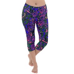 Purple Abstract Butterfly Pattern Lightweight Velour Capri Yoga Leggings by SpinnyChairDesigns