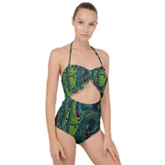 Jungle Print Green Abstract Pattern Scallop Top Cut Out Swimsuit by SpinnyChairDesigns