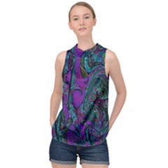 Purple Teal Abstract Jungle Print Pattern High Neck Satin Top by SpinnyChairDesigns