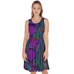 Purple Teal Abstract Jungle Print Pattern Knee Length Skater Dress With Pockets by SpinnyChairDesigns