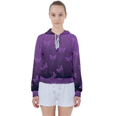 Purple Butterflies Pattern Women s Tie Up Sweat by SpinnyChairDesigns