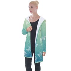 White Butterflies On Blue And Light Green Longline Hooded Cardigan by SpinnyChairDesigns