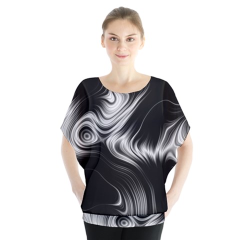 Black And White Abstract Swirls Batwing Chiffon Blouse by SpinnyChairDesigns