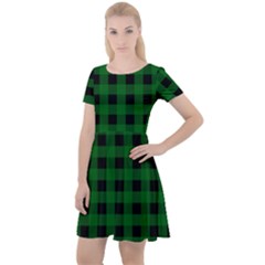 Black Dark Green Buffalo Plaid Cap Sleeve Velour Dress  by SpinnyChairDesigns