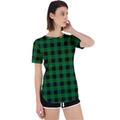 Black Dark Green Buffalo Plaid Perpetual Short Sleeve T-shirt by SpinnyChairDesigns