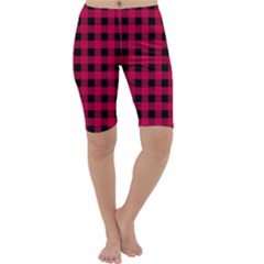 Dark Pink Black Buffalo Plaid Cropped Leggings  by SpinnyChairDesigns