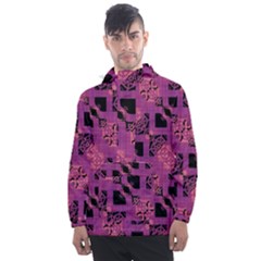 Fuchsia Black Abstract Checkered Stripes  Men s Front Pocket Pullover Windbreaker by SpinnyChairDesigns