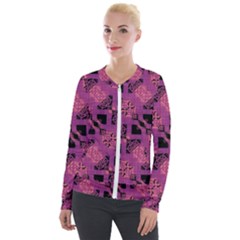 Fuchsia Black Abstract Checkered Stripes  Velour Zip Up Jacket by SpinnyChairDesigns