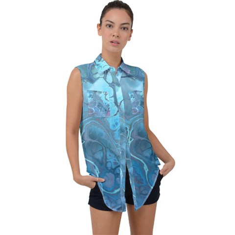 Blue Marble Abstract Art Sleeveless Chiffon Button Shirt by SpinnyChairDesigns
