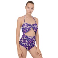 Amethyst And Pink Checkered Stripes Scallop Top Cut Out Swimsuit by SpinnyChairDesigns