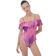 Pink Purple Diamond Pattern Frill Detail One Piece Swimsuit by SpinnyChairDesigns