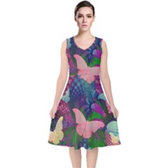 Butterfly Garden Art V-neck Midi Sleeveless Dress  by SpinnyChairDesigns