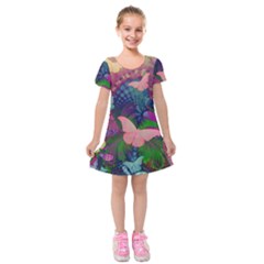 Butterfly Garden Art Kids  Short Sleeve Velvet Dress by SpinnyChairDesigns