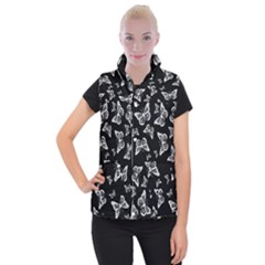 Black And White Butterfly Pattern Women s Button Up Vest by SpinnyChairDesigns