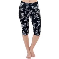 Black And White Butterfly Pattern Lightweight Velour Cropped Yoga Leggings by SpinnyChairDesigns