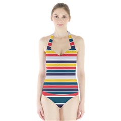 Horizontal Colored Stripes Halter Swimsuit by tmsartbazaar