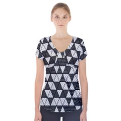 Black And White Triangles Pattern Short Sleeve Front Detail Top by SpinnyChairDesigns