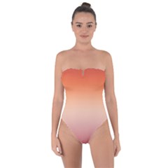 Vermilion Coral Sunset Gradient Ombre Tie Back One Piece Swimsuit by SpinnyChairDesigns